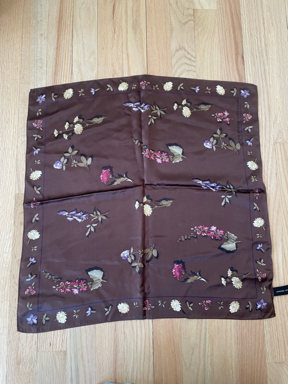 Brown Floral Silk Scarf / bandana 20x20
